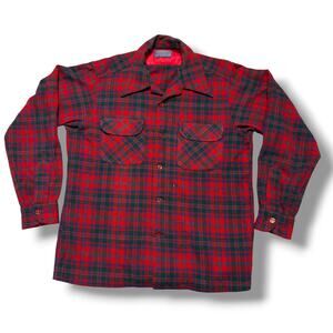 Vintage 60s Pendleton Wool Board Shirt Long Sleeve Red Turquoise Plaid MCM Sz M